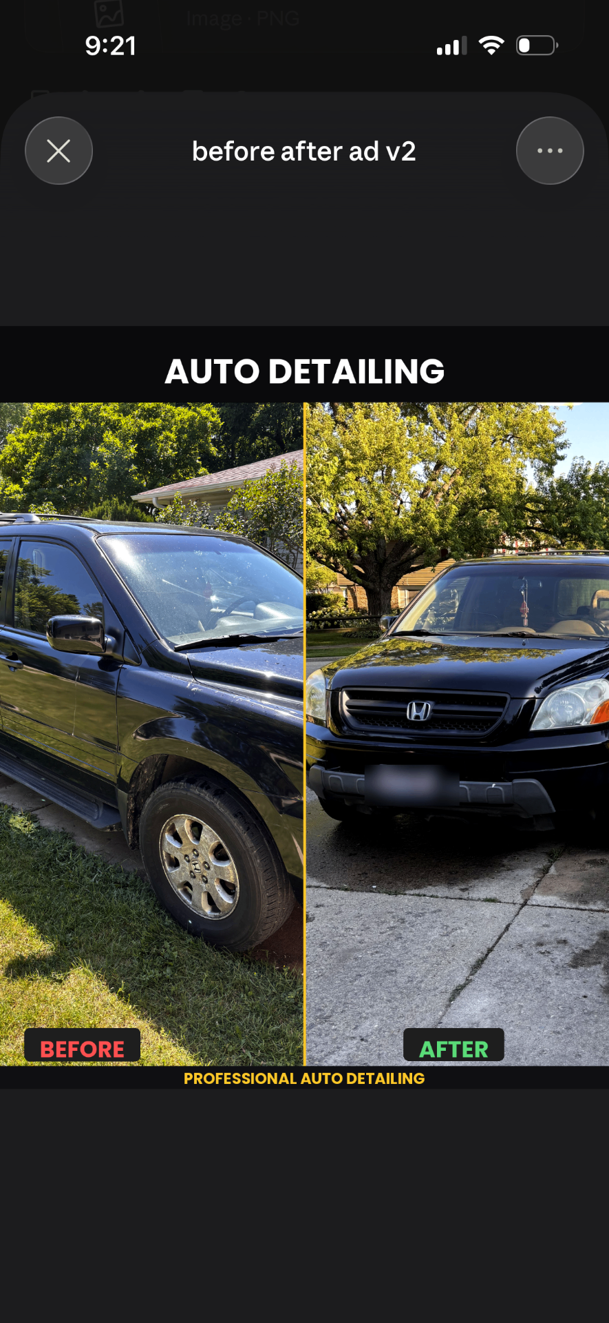 Before-and-after of a black Honda SUV: dusty daily-driver paint on the left, glossy freshly-detailed finish on the right.