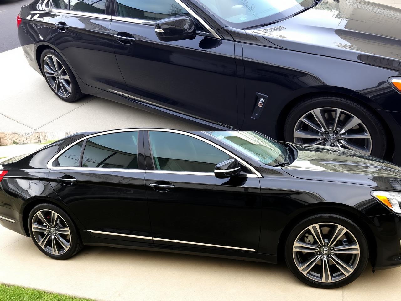 Full exterior reset: dull, contaminated paint on one side and a deep, glossy corrected finish on the other. — after
