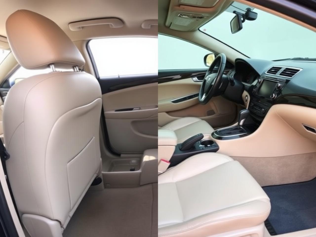 Interior deep clean: stained carpet and dusty console before, freshly steam-cleaned leather and dressed trim after. — after