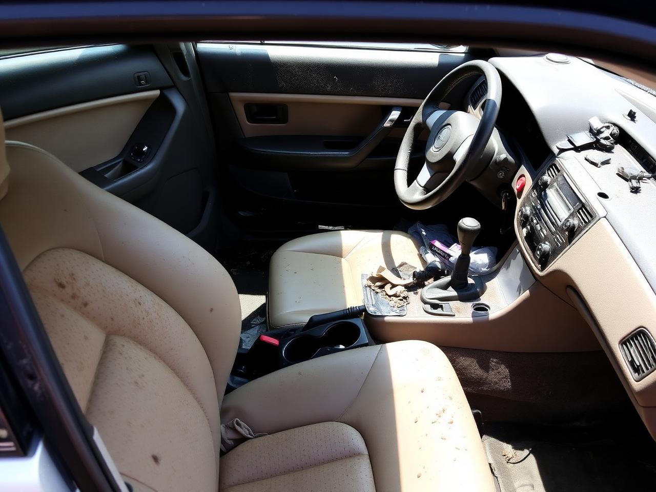 Interior deep clean: stained carpet and dusty console before, freshly steam-cleaned leather and dressed trim after. — before