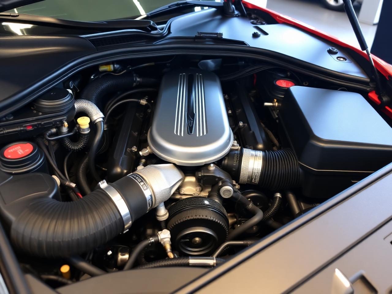 Engine bay detail: greasy, dusty engine bay before, cleanly degreased and dressed engine bay after. — after