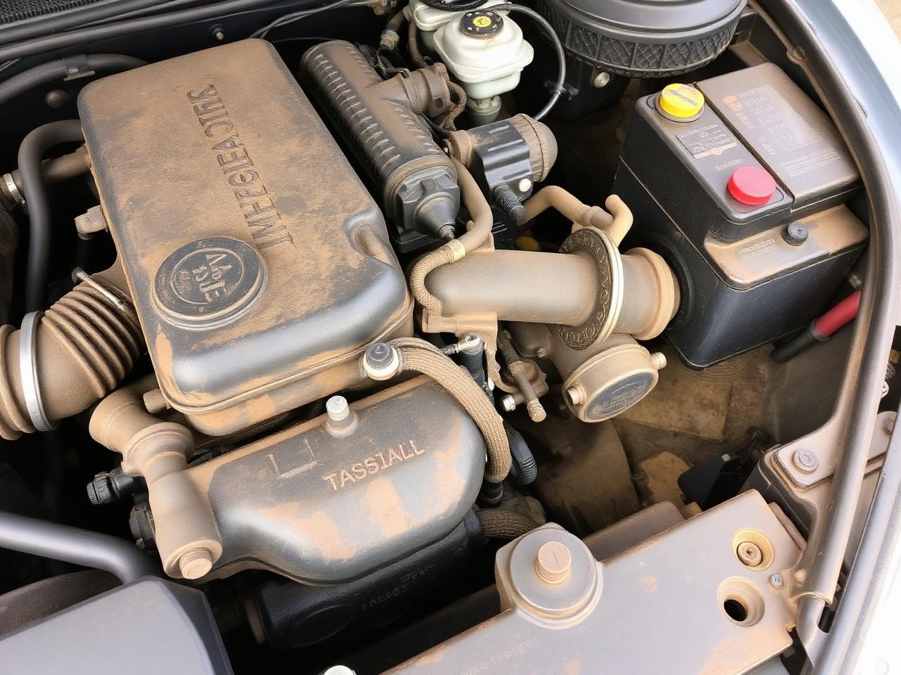 Engine bay detail: greasy, dusty engine bay before, cleanly degreased and dressed engine bay after. — before